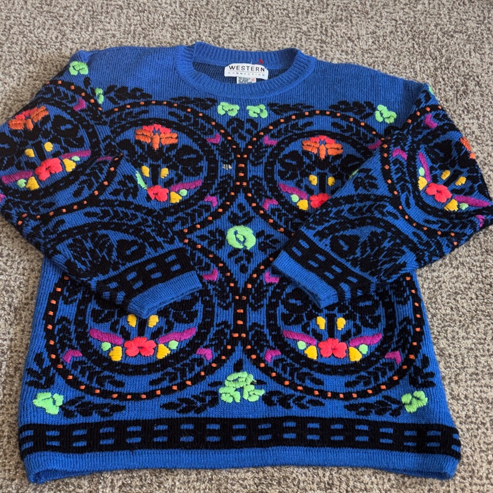 Vintage Western Connection Blue Patterned Sweater Small